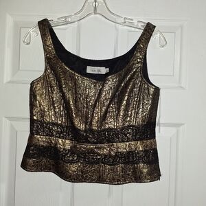 Rickie Freeman Teri Jon Tank Top size 4 Gold Black Lame with Lace Trim Coquette
